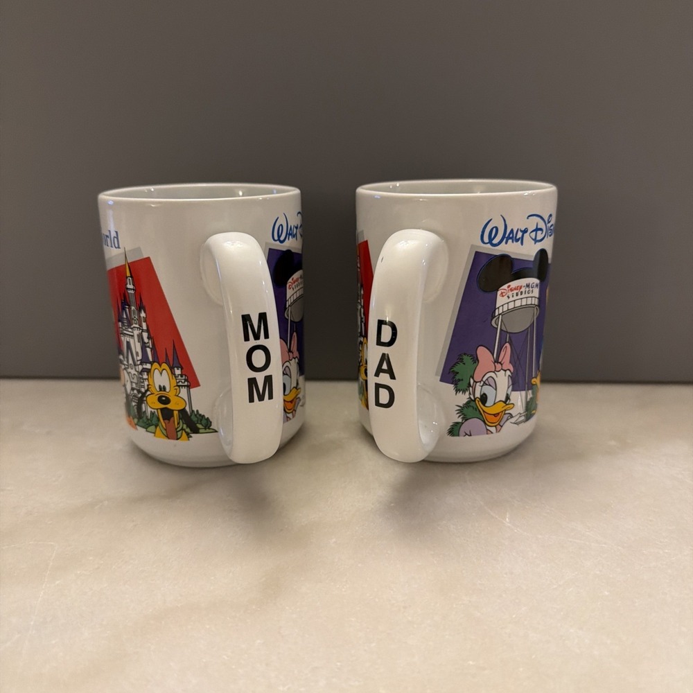 Set of 2 VTG 90s Walt Disney World Mom Dad Coffee Cups/Mugs Mickey & Friends